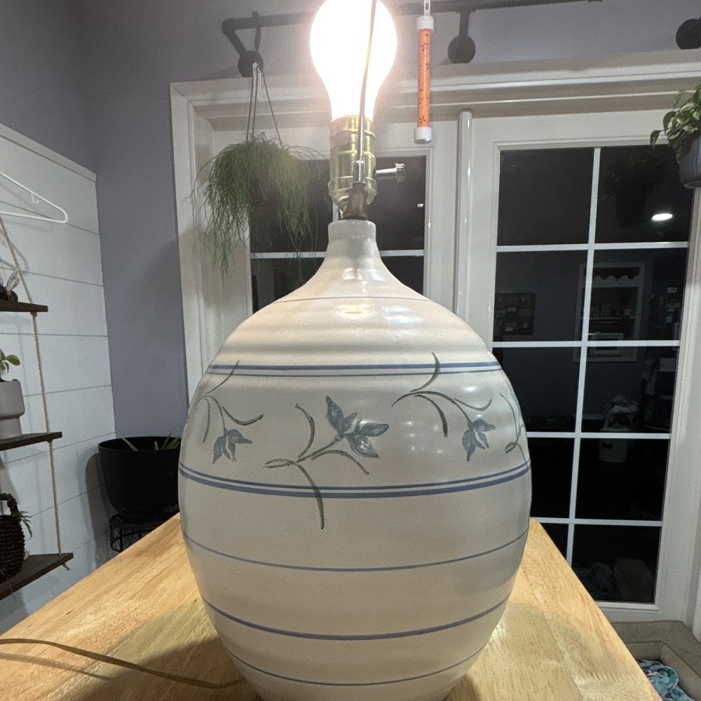 Vintage Cream/Blue Ceramic Pottery Table Lamp Base Floral Stripe Hand Painted